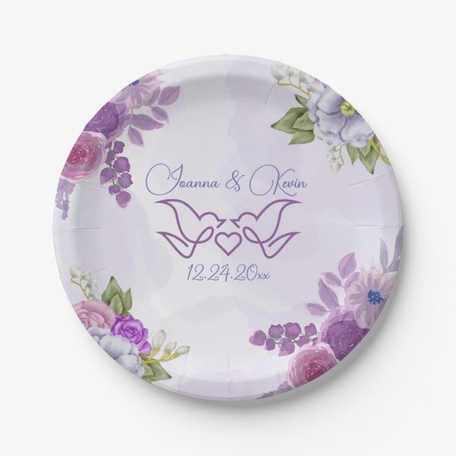 Assiettes En Carton Aquarelle Purple Blooms Florales Plaque Mariage (Devant)