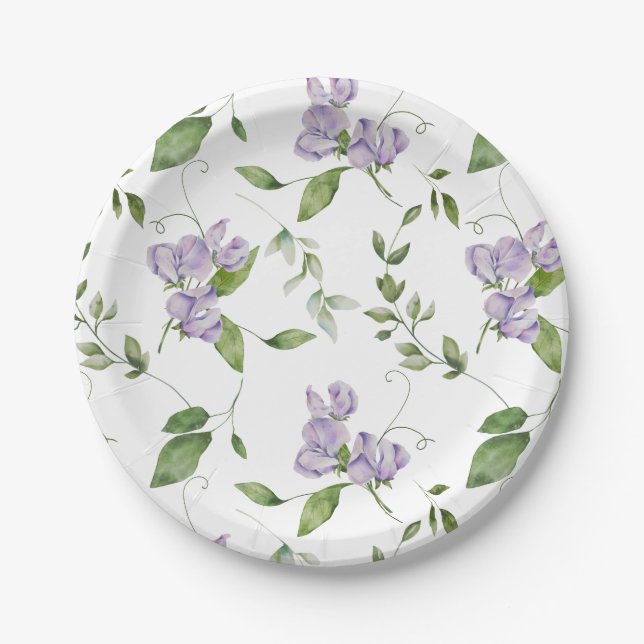 Assiettes En Carton Aquarelle Purple Pois Doux Fleurs (Devant)