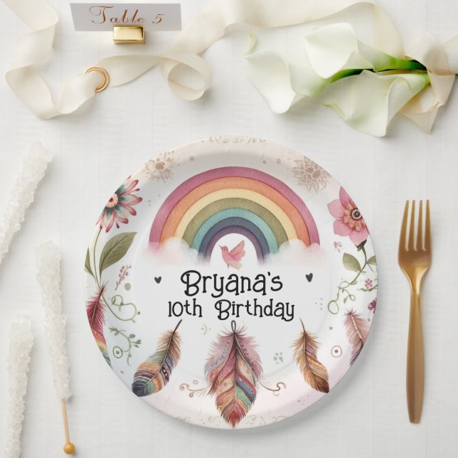 Assiettes En Carton Aquarelle Rainbow Bird & Feathers Boho Birthday (Mariage)