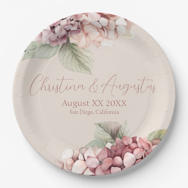 Assiettes En Carton Aquarelle romantique rose et bleu Hydrangea Fleurs (Devant)