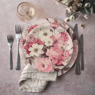 Assiettes En Carton Aquarelle romantique Roses roses et fleurs de pomm