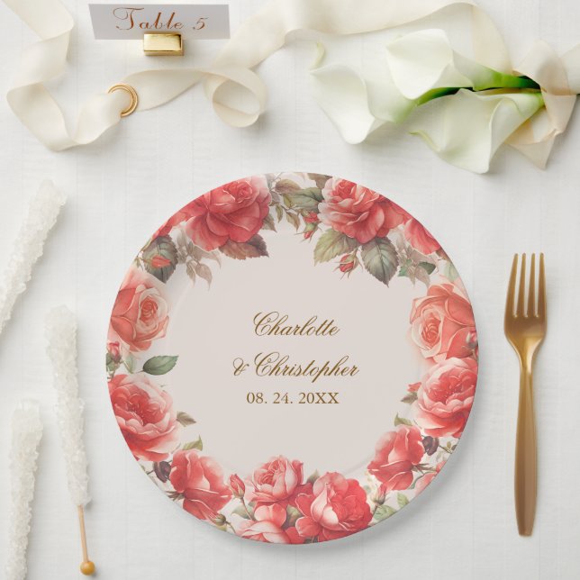 Assiettes En Carton Aquarelle romantique Roses rouges Mariage floral (Mariage)