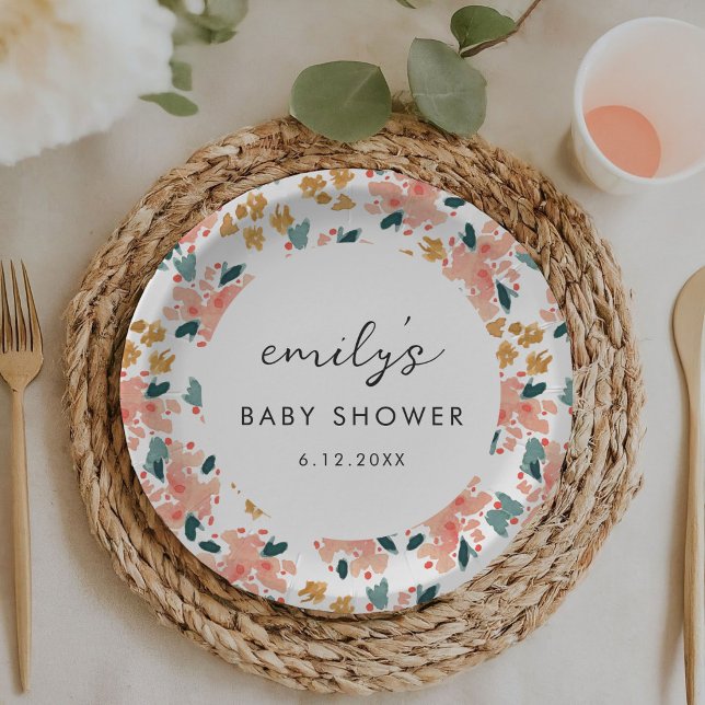 Assiettes En Carton Aquarelle rose Baby shower de jardin Floral (Pink watercolor floral garden baby or bridal shower personalized paper plates.)