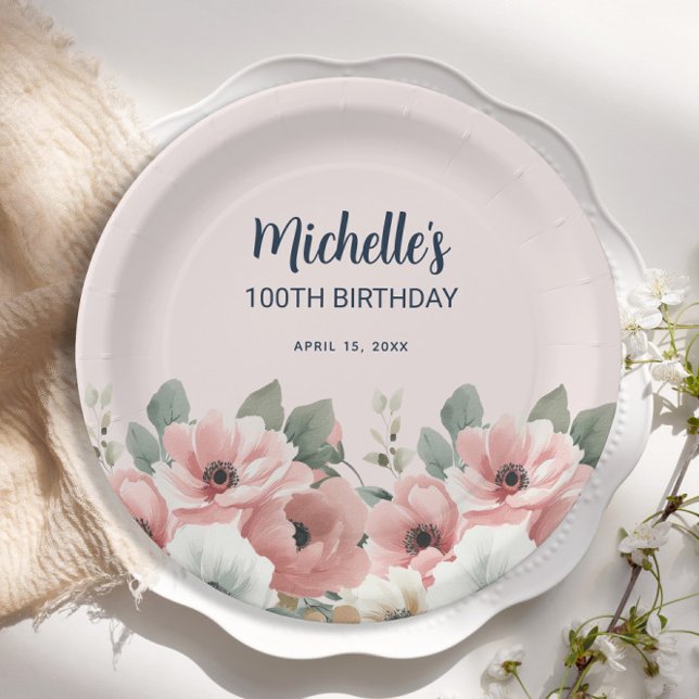 Assiettes En Carton Aquarelle rose blanc Floral 100e anniversaire (Pink and white watercolor floral birthday party paper plate)