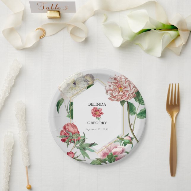Assiettes En Carton Aquarelle rose blanc pivoines Mariage (Mariage)