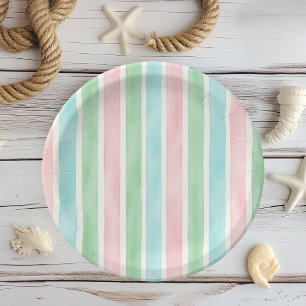 Assiettes En Carton Aquarelle rose bleu vert rayé