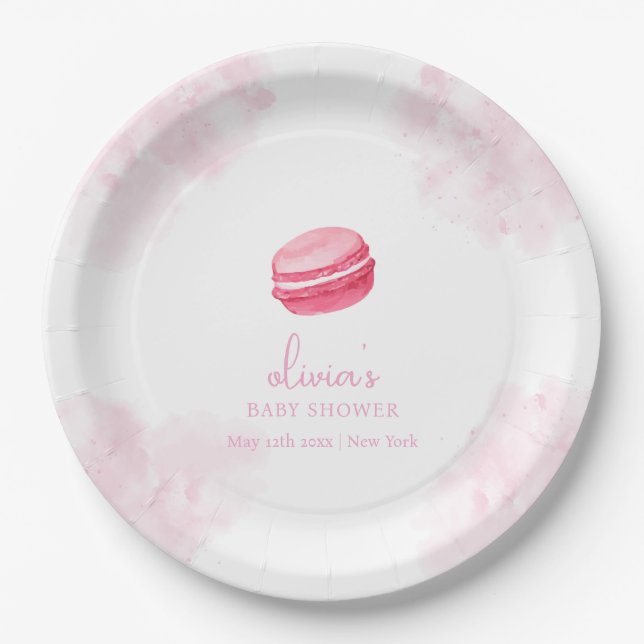 Assiettes En Carton Aquarelle rose Bonjour Bébé Macaron Baby shower (Devant)