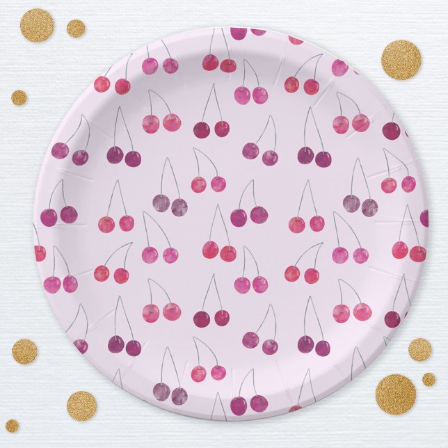 Assiettes En Carton Aquarelle rose cerise (Watercolor cherry pink pattern party paper plate)