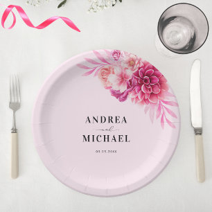 Assiettes En Carton Aquarelle rose chaud brillant Floral Mariage été