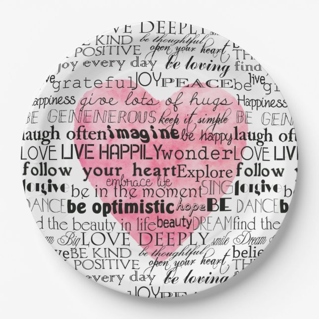 Assiettes En Carton Aquarelle rose Coeur Mots inspirants (Devant)