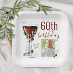 Assiettes En Carton Aquarelle Rose de vin rouge Photo 60e anniversaire<br><div class="desc">Botte rouge rustique verre Rose aquarelle photo 60e anniversaire fêtrement Bowl. Le design est assorti d'un verre de vin rouge aquarelle,  de roses et de brindilles. Le texte est entièrement personnalisable - personnalisez-le avec votre photo et votre âge.</div>