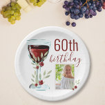 Assiettes En Carton Aquarelle Rose de vin rouge Photo 60e anniversaire<br><div class="desc">Verre rouge rustique Rose Aquarelle photo 60e Anniversaire Plaques de papier fête. Le design est assorti d'un verre de vin rouge aquarelle,  de roses et de brindilles. Le texte est entièrement personnalisable - personnalisez-le avec votre photo et votre âge.</div>