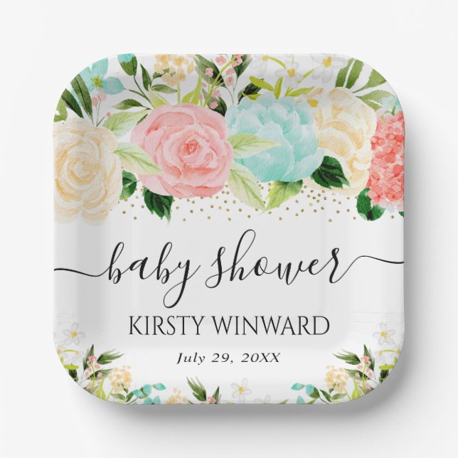 Assiettes En Carton Aquarelle rose et Baby shower de fleurs de menthe (Recto)