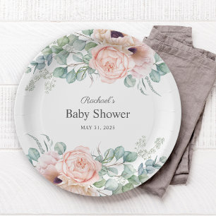 Assiettes En Carton Aquarelle rose et beige Baby shower floral