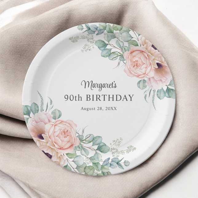 Assiettes En Carton Aquarelle rose et beige Floral 90e anniversaire (Créateur téléchargé)