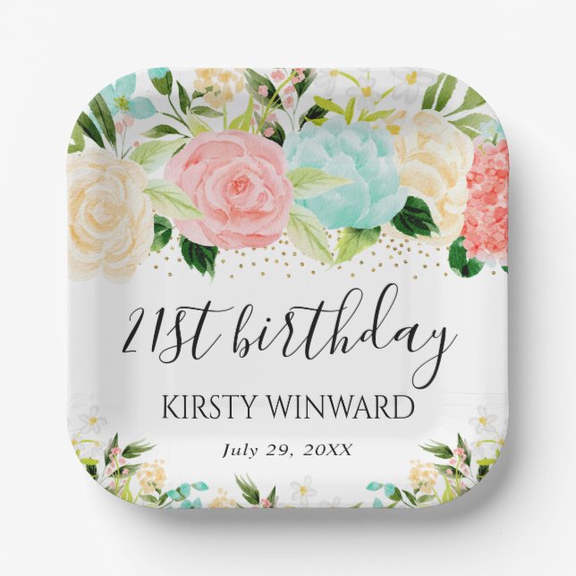 Assiettes En Carton Aquarelle Rose et Fleurs de menthe Anniversaire (Recto)