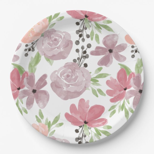 Assiettes En Carton Aquarelle Rose et Lilac Fleurs (Devant)