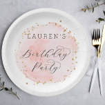 Assiettes En Carton Aquarelle rose et or Blush fête d'anniversaire<br><div class="desc">Cette plaque de papier fête d'anniversaire comporte un cercle d'aquarelle peint en rose vif avec des accents de points d'or faux. Pour une personnalisation plus avancée de cette conception,  cliquez sur le bouton "Personnaliser". Des articles correspondants sont également disponibles.</div>