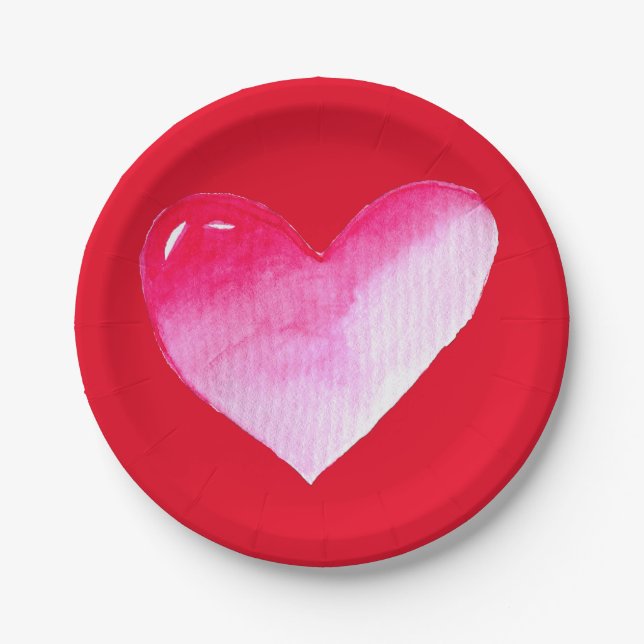 Assiettes En Carton Aquarelle rose et rouge coeur pop art valentine (Devant)
