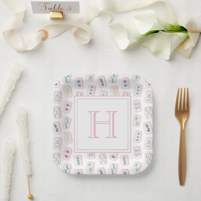 Assiettes En Carton Aquarelle rose et vert Mahjong Tiles Monogramme (Mariage)