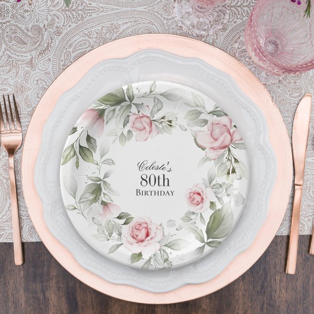 Assiettes En Carton Aquarelle rose féminine 80e anniversaire (Plate available in 7-inch diameter and 9-inch diameter.)