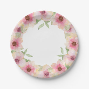 Assiettes En Carton Aquarelle rose Fleurs blanches