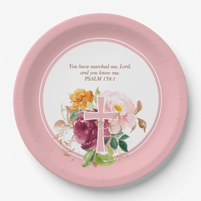 Assiettes En Carton Aquarelle rose Floral & Cross Bible Verse (Devant)