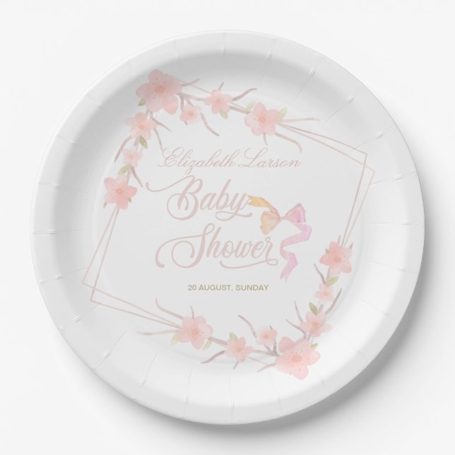 Assiettes En Carton Aquarelle rose Floral Élégant Baby shower (Devant)