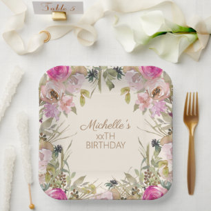 Assiettes En Carton Aquarelle rose Floral N'importe quel âge Anniversa