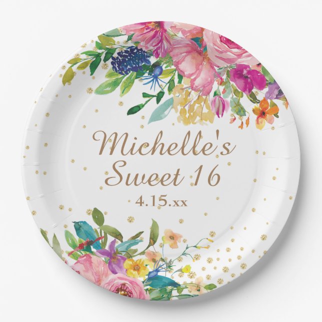 Assiettes En Carton Aquarelle rose Floral Parties scintillant or doux  (Devant)