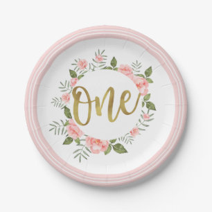 Assiettes En Carton Aquarelle rose Floral Premier anniversaire Gold On