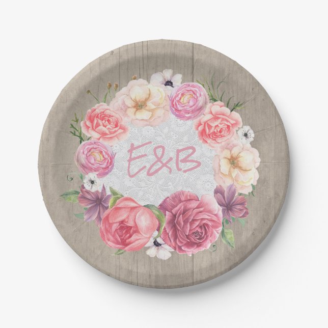 Assiettes En Carton Aquarelle rose Floral Wreath Bois rustique Mariage (Devant)