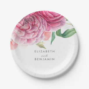 Assiettes En Carton Aquarelle rose florale Élégant Mariage botanique