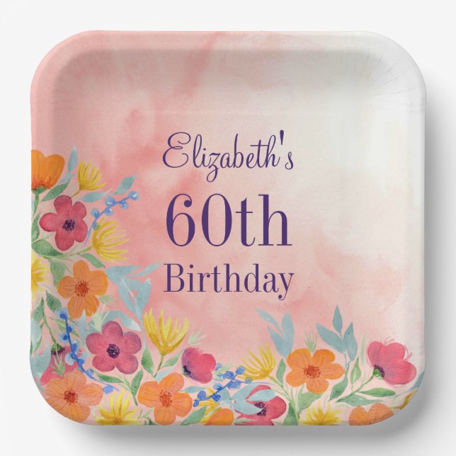 Assiettes En Carton Aquarelle rose Florals 60e anniversaire (Recto)