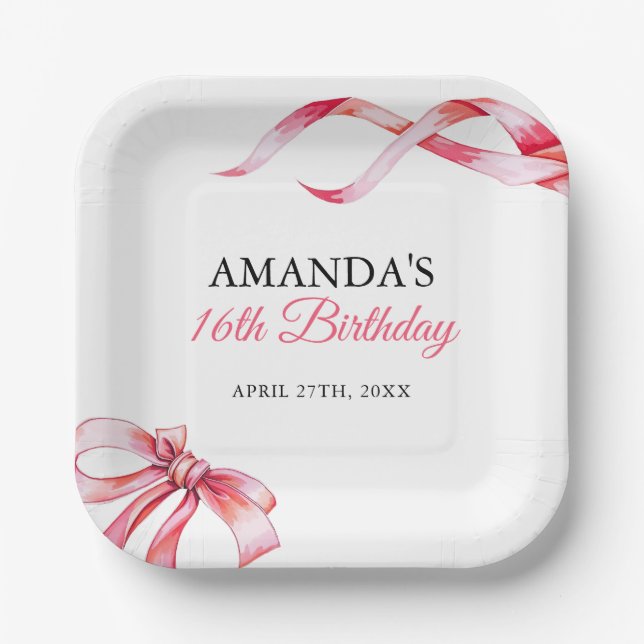 Assiettes En Carton Aquarelle rose Flow Ribbon Sweet 16 Anniversaire (Recto)