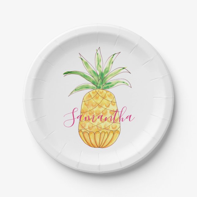 Assiettes En Carton Aquarelle rose jaune ananas personnalisée (Devant)