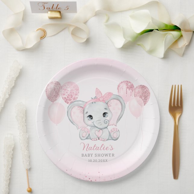 Assiettes En Carton Aquarelle rose mignonne Eléphant Baby shower fille (Mariage)