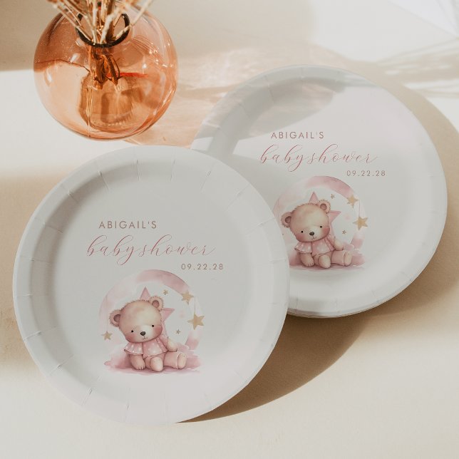 Assiettes En Carton Aquarelle rose mignonne Ours Baby shower fille (Créateur téléchargé)