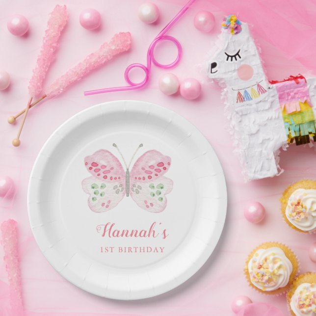 Assiettes En Carton Aquarelle rose mignonne papillon 1er fête d'annive (Fête)