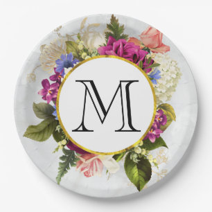 Assiettes En Carton Aquarelle rose moderne Bouquet floral Monogramme