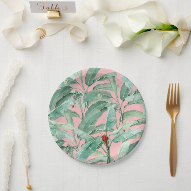Assiettes En Carton Aquarelle rose moderne Tropical Banana Palm Feuill (Mariage)