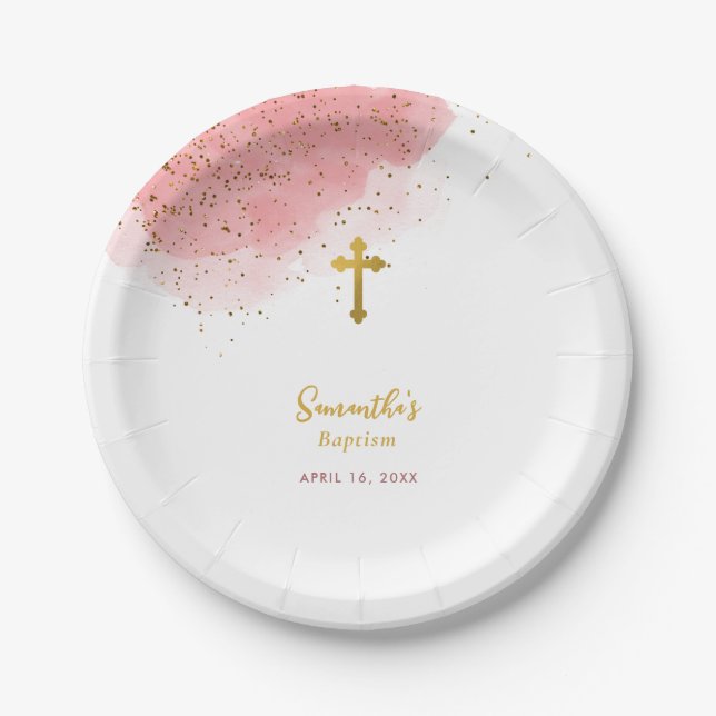 Assiettes En Carton Aquarelle rose Parties scintillant Gold Cross Bapt (Devant)