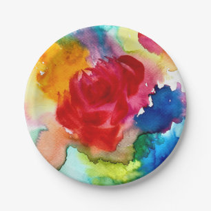 Assiettes En Carton Aquarelle rose pavot plaque de papier