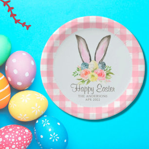 Assiettes En Carton Aquarelle rose Plaid Lapin Floral Oreilles Pâques