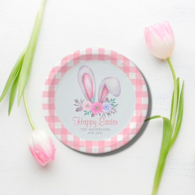 Assiettes En Carton Aquarelle rose Plaid Lapin Floral Oreilles Pâques (Créateur téléchargé)