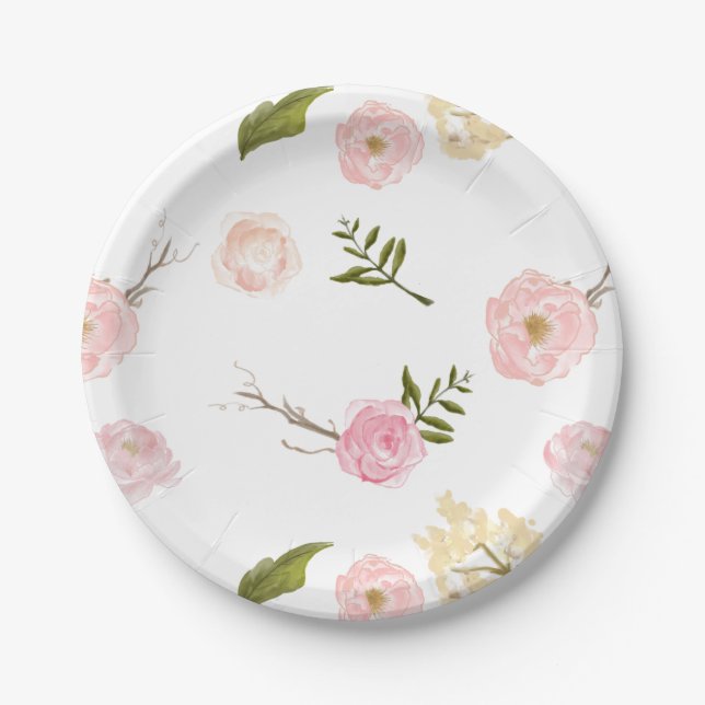 Assiettes En Carton Aquarelle rose romantique Jardin Floral (Devant)