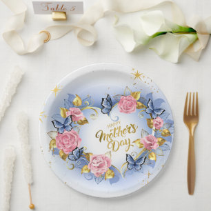 Assiettes En Carton Aquarelle Rose Rose & Papillon Bleu Fête des Mères