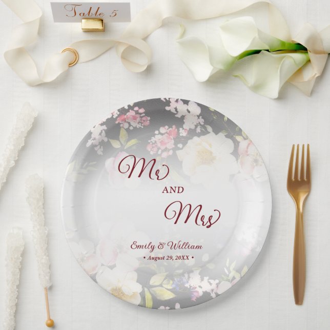 Assiettes En Carton Aquarelle rose Roses jaunes, noir flou, Mariage (Mariage)