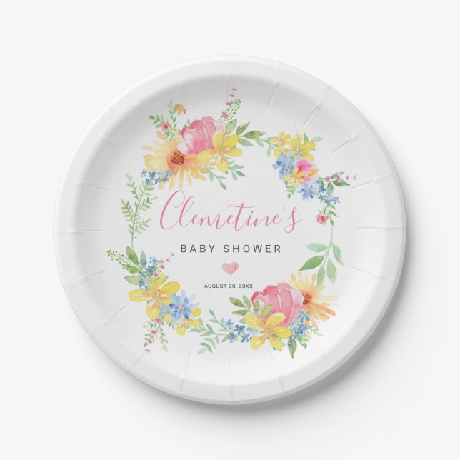 Assiettes En Carton Aquarelle rose rustique Jaune Baby shower Floral (Devant)