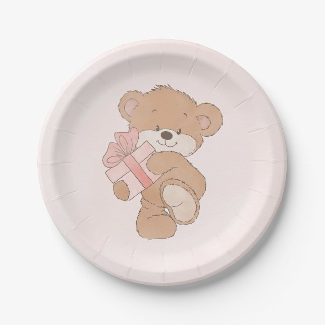 Assiettes En Carton Aquarelle rose simple Baby shower ours en peluche (Devant)